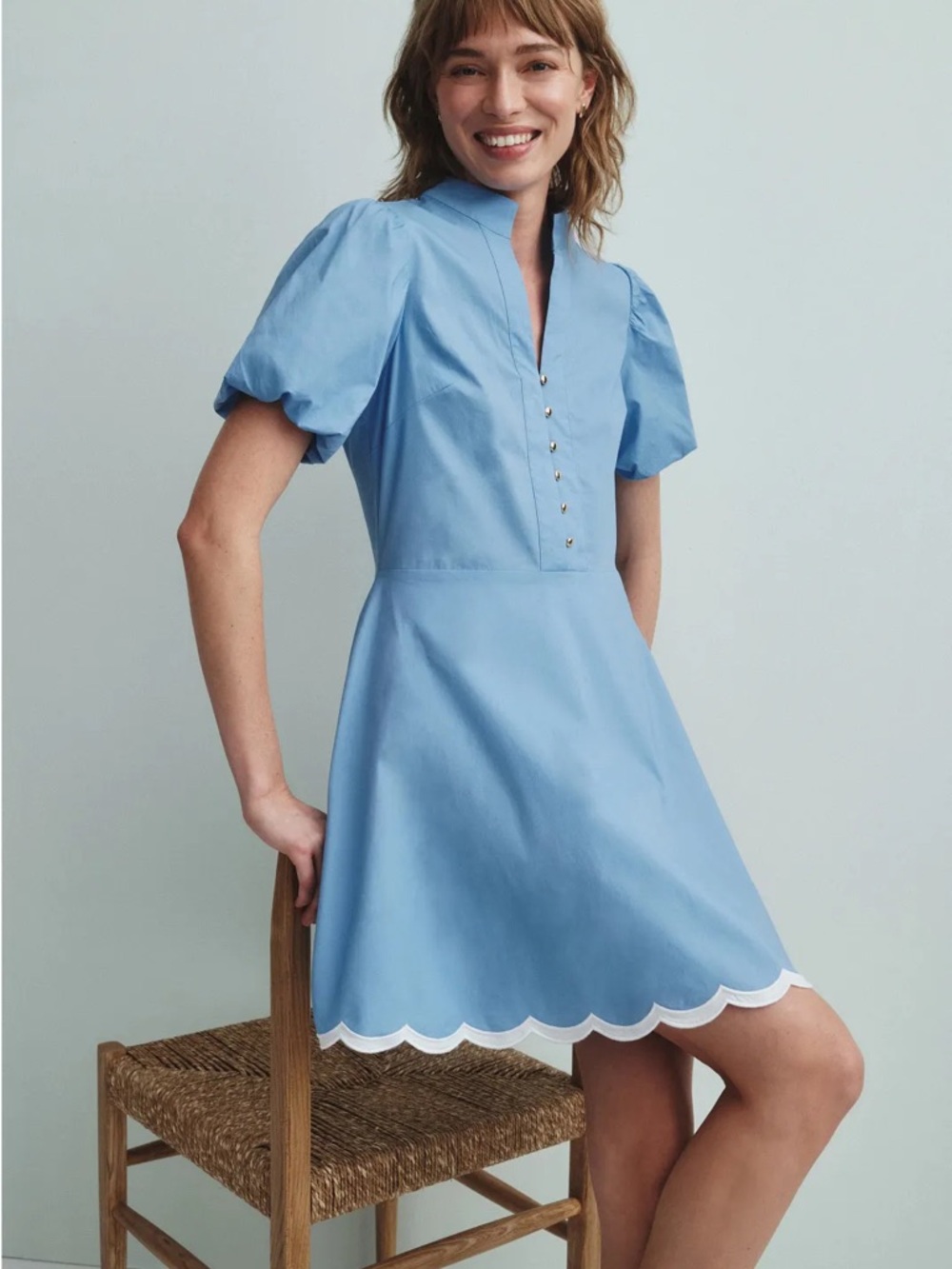 Sail to Sable Powder Blue Puff-Sleeve Scalloped-Hem Dress